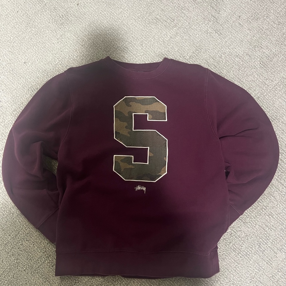Stussy Men's Burgundy Sweater with Camouflage 'S'